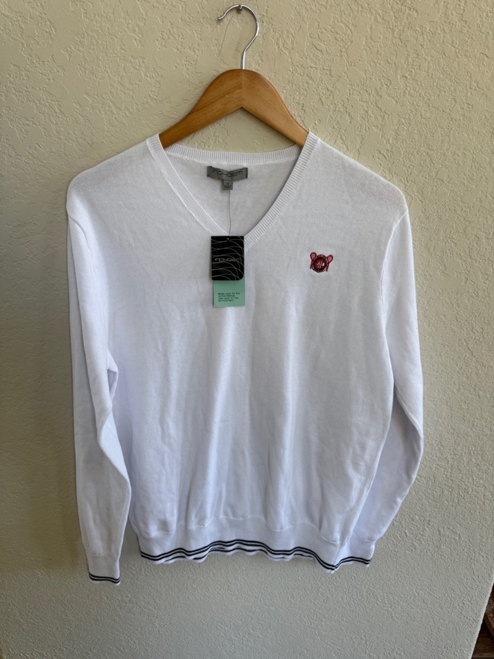 NWT Men's White V-Neck Tennis Sweater with Red Embroidered Logo
